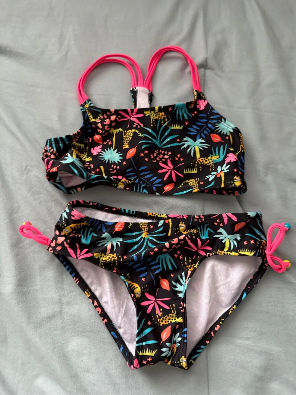 Kids Pink Tie-Dye Swim Top and Black Floral Bikini Set